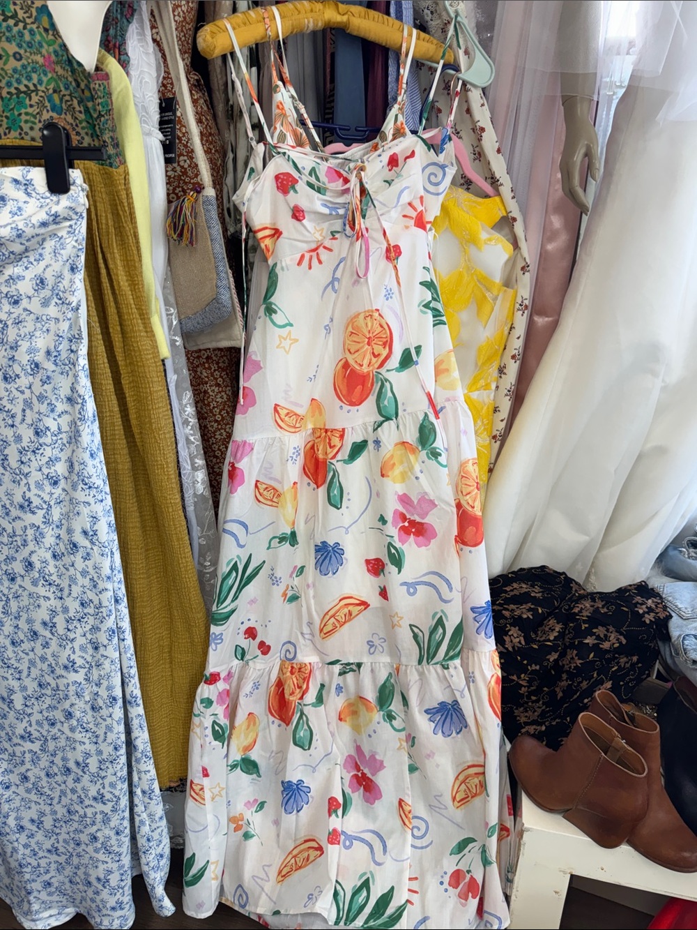 Crystal Doll White Maxi Dress with Orange Fruit & Multicolor Floral Print
